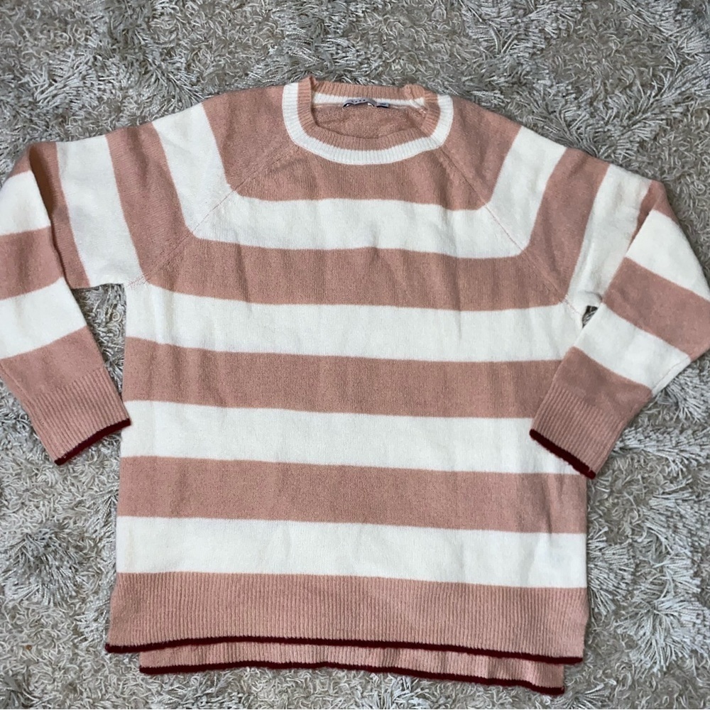 Lush NWOT Super Soft Cozy Pink Mauve Cream Preppy Stripe Sweater Womens Size M